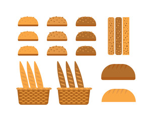 Bread, bakery products, color vector design elements. Tasty cutting bread products seed eating group. Breakfast organic bakery bread products food, wheat loaf rye food cooking dough.