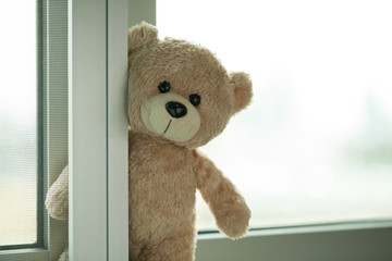 Teddy Bear toy alone Standing at the window Waiting for someone