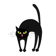 Frightened cat arch back. Yellow eyes, fangs, curl moustaches whisker. Cute funny cartoon character. Isolated. White background. Flat design.