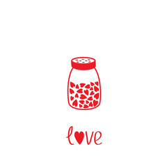 Salt shaker with hearts crystals inside. Glass container. Line icon. Love card. Flat design. Isolated. White background.