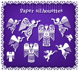 Paper silhouettes of angels. Set of design elements for Christmas greeting cards and banners. Vector illustration