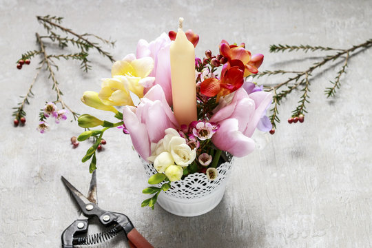 How to make floral arrangement with freesias, tulips and chamela