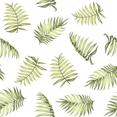 Topical palm leaves on seamless pattern for fabric texture. Vector illustration.
