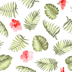 Topical palm leaves on seamless pattern for fabric texture. Vector illustration.
