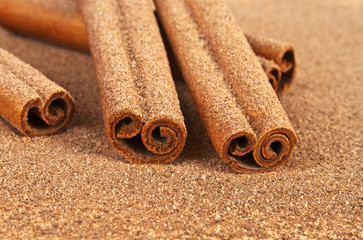 Cinnamon sticks on cinnamon powder