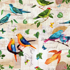 Seamless pattern with Victorian birds and butterflies