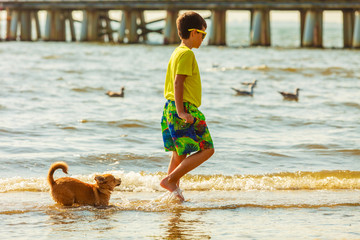 Boy playing with his dog.