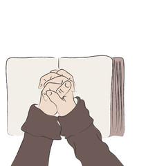 Prayer hands on bible; Christianity illustration design