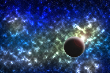 Fototapeta na wymiar Digital illustration of an imaginary deep space scene with starry background, colorful gaseous nebula and a texture-rich planet and intentional lens flare effect 