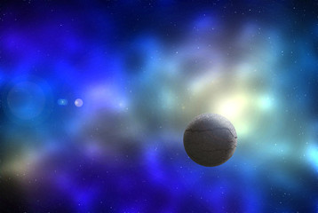 Digital illustration of an imaginary deep space scene with starry background, colorful gaseous nebula and a texture-rich planet and intentional lens flare effect 