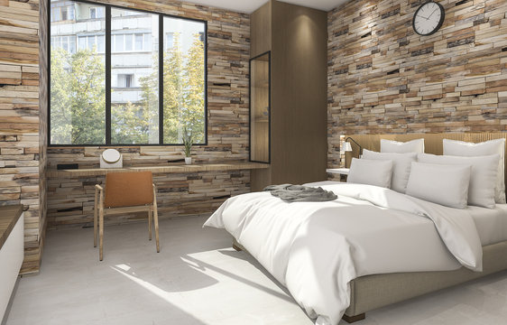 3d rendering beautiful small bedroom with nice wall texture