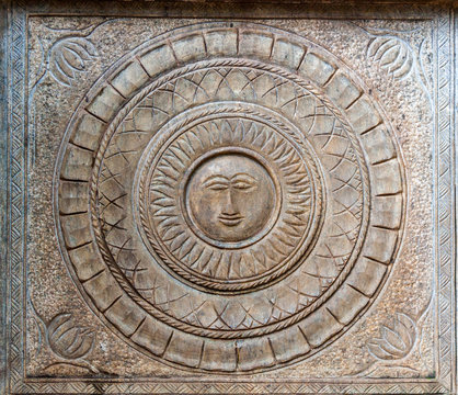 A carving of the sun at the Buddhist Kelaniya temple in Sri Lanka.