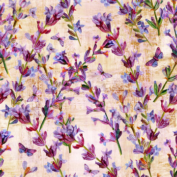 Seamless pattern with watercolor lavender flowers on sepia backg