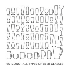 65 beer glass icons set. All types of beer glasses.