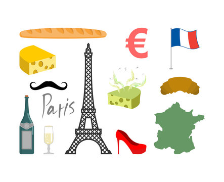 France set icons. Traditional travel symbol. Sights and characte