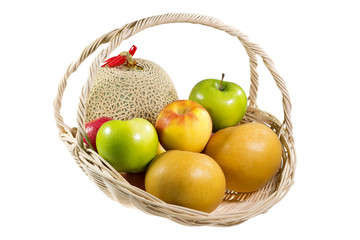 Bunch of fruits in the basket on white background 