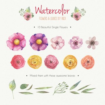 Watercolor flowers and leaves DIY pack