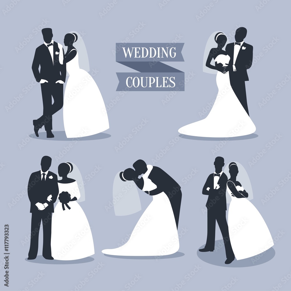 Wall mural wedding couples silhouettes set