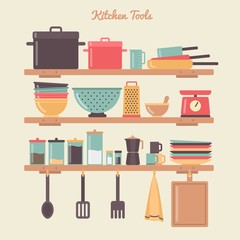 kitchen tools on shelves
