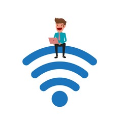 Businessman sitting on the wi-fi and using laptop. Wi-fi zone wireless connection technology. Internet wi-fi support business and lifestyle. Cartoon Vector Illustration.