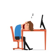 businessman was asleep during work. Tired businessman at work. Flat design style. Cartoon Vector Illustration.