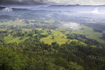Fototapeta na wymiar Summer aerial panorama of Kaczawskie, Rudawy Janowickie and Karkonosze Mountains in Poland