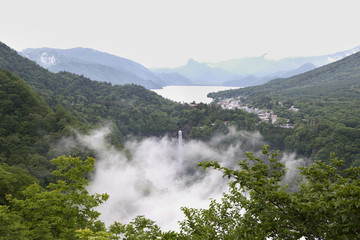 Rainy Colors seen from Akechidaira Observatory, Nikko, Japan. Its the waterfall very higher in green forest