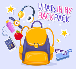 Vector colorful illustration of yellow backpack, phone with head
