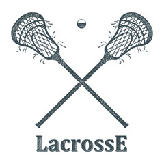Crossed lacrosse stick and ball with grunge texture on white bac - 117796374