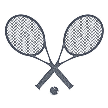 Two tennis rackets with a ball for tennis on a white background.