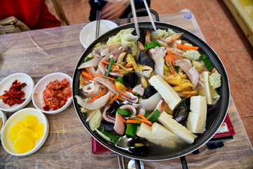 Korean Hot Pot Filled with a Variety of Ingredients