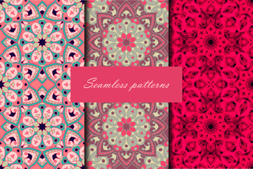 Set with three seamless patterns. Decorative patterns with mandalas in beautiful pink colors. Vector backgrounds