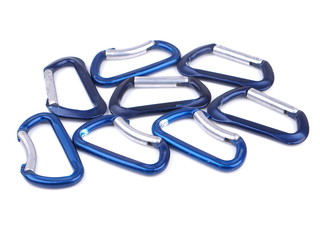 blue climbing carabiners on a white background