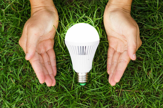 Hand holding a turned on LED light bulb / Green energy concept / Using environmentally friendly appliances concept