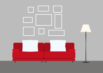 Living room interior with sofa lamp and picture frame. Furniture in living room. Flat design style. Vector Illustration.