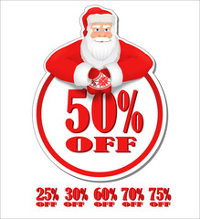 Round discount label decorated with cartoon Santa Clause. Tamplate for Christmas sale sign. Vector illustration