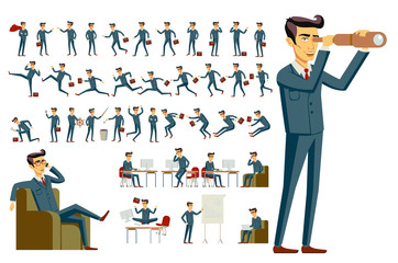 cartoon illustration of a handsome young businessman in various poses vector