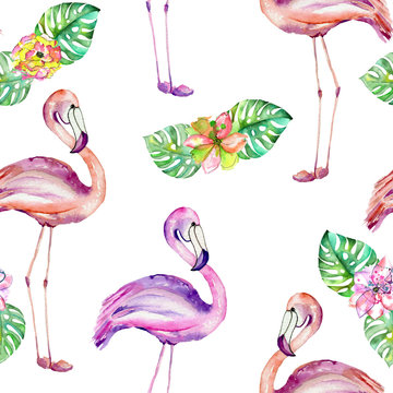 Seamless pattern with the flamingo and exotic flowers, hand painted in watercolor on a white background