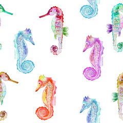 Seamless pattern with multicolored seahorses, hand painted in watercolor on a white background