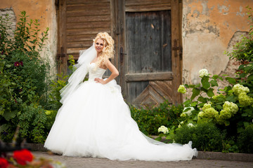 Fototapeta premium Smiling bride stands between the bushes of green hydrangeas