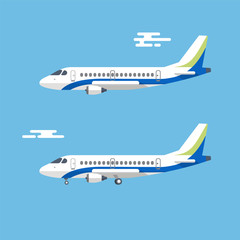 Aircraft with wide wings is flying in blue cloudy sky