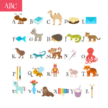 ABC. Cartoon vocabulary for education. Children alphabet with cu