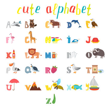 ABC. Children alphabet with cute cartoon animals and other funny