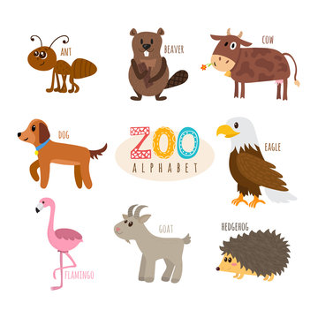 ABC. Cute zoo alphabet in vector. Funny cartoon animals. Ant, be