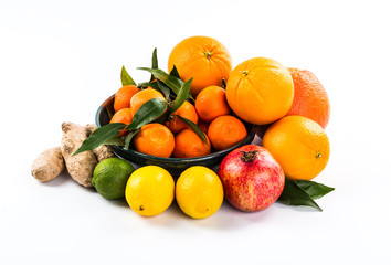 Fresh fruits and juice isolated on white background