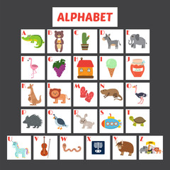 Fototapeta na wymiar Children alphabet with cute cartoon animals and other funny elem