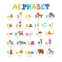 Children alphabet with cute cartoon animals and other funny elem