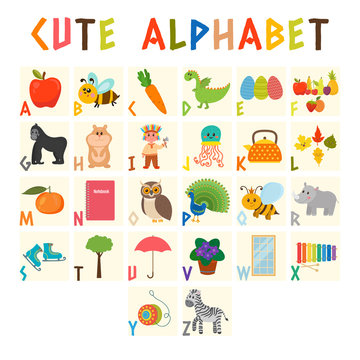 Children alphabet with cute cartoon animals and other funny elem