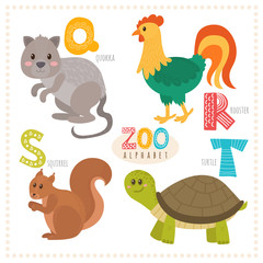 Cute cartoon animals. Zoo alphabet with funny animals. Q, r, s,
