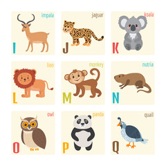 Fototapeta premium Cute zoo alphabet with animals in cartoon style. Impala, jaguar,